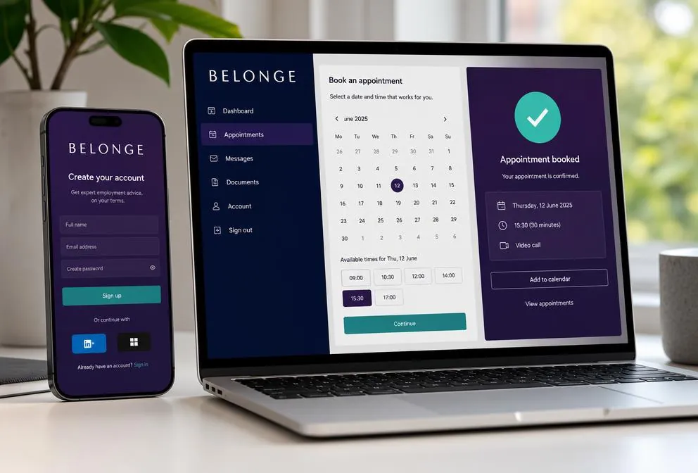 A Belonge account and appointment booking screen