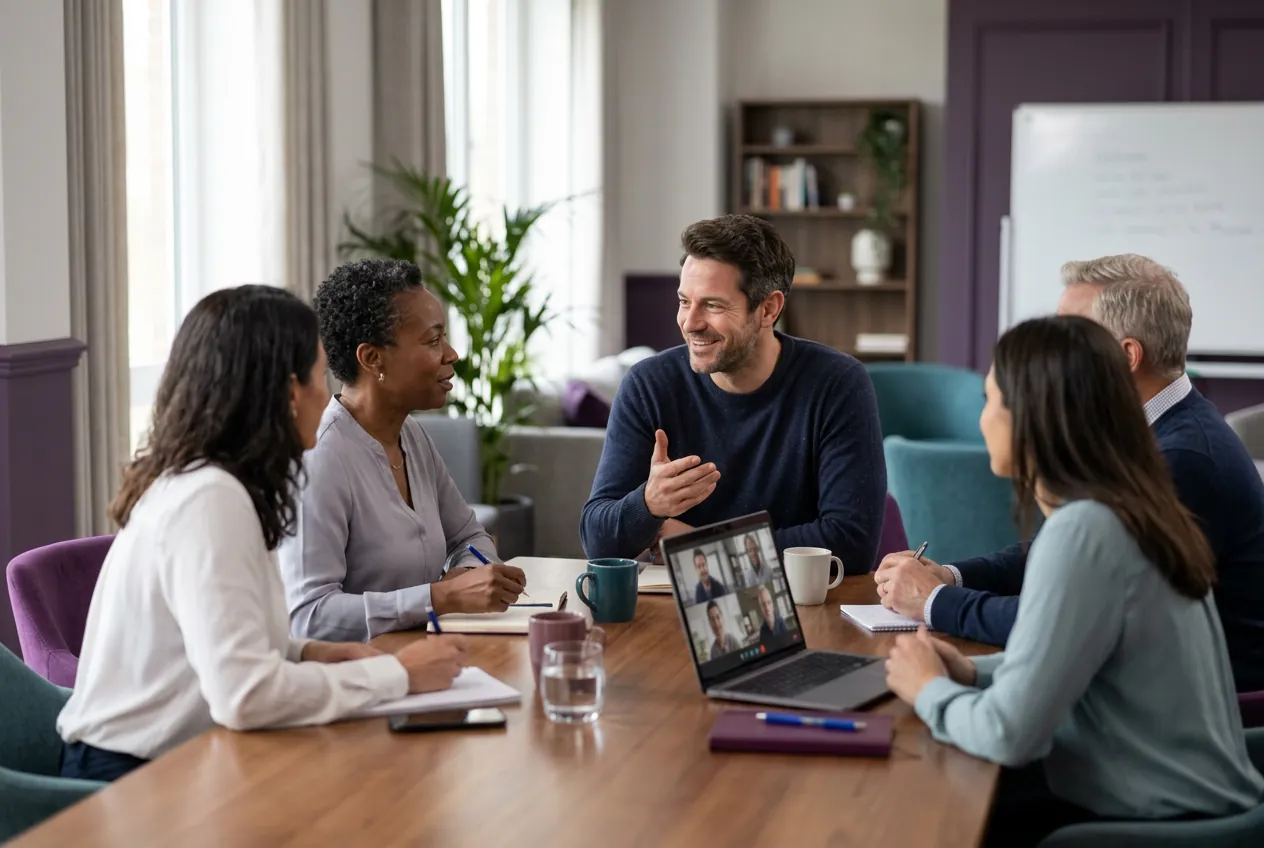 The same employee connecting with a diverse group at a Belonge event and online webinar