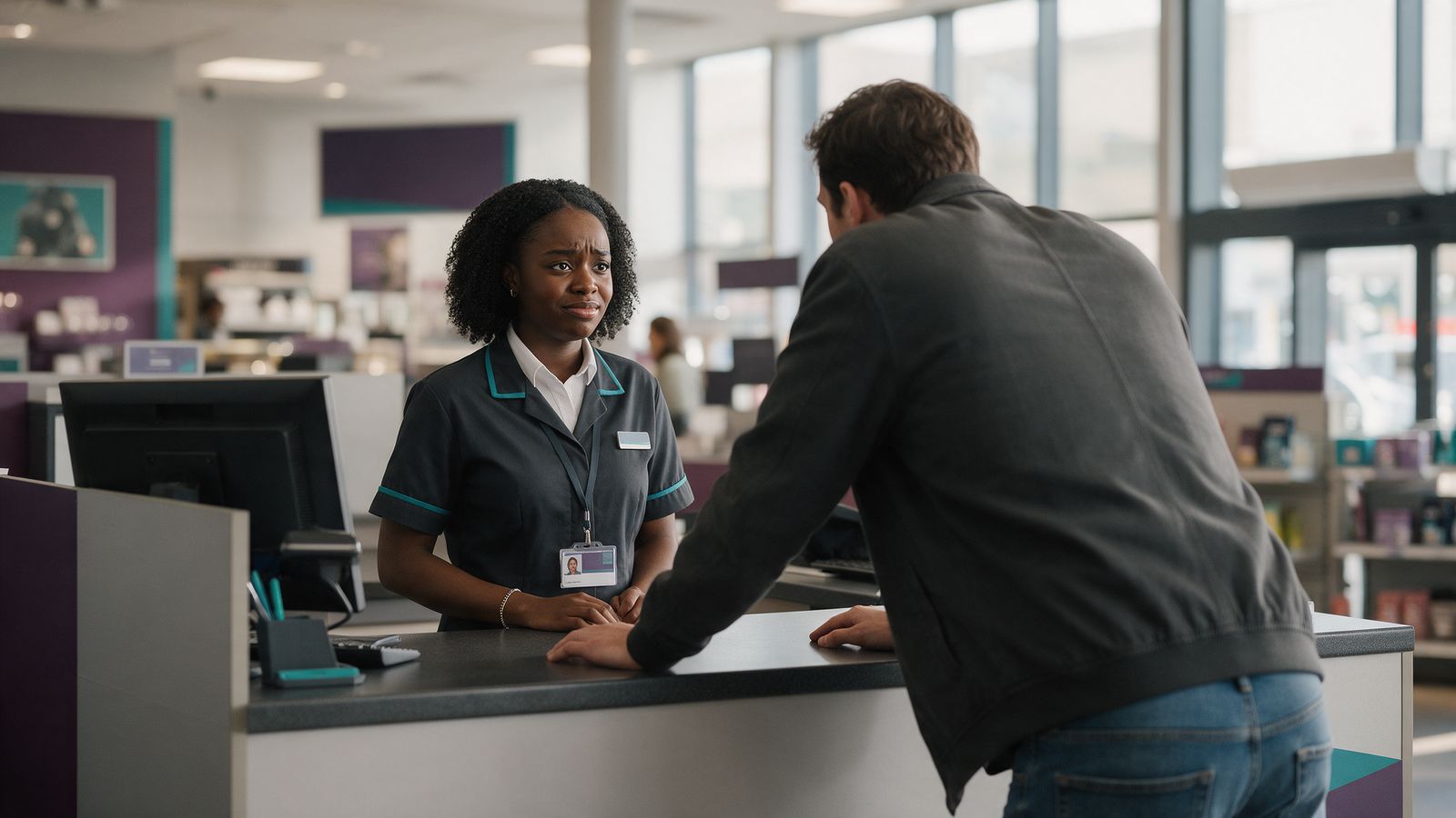 A customer leaning over a shop counter towards an employee