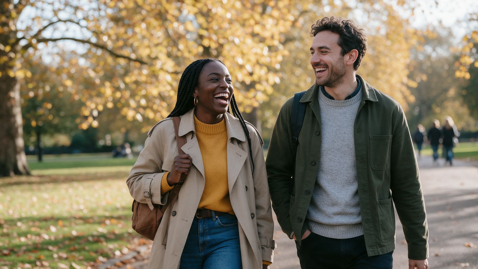 Two friends walking and laughing in a park in autumn