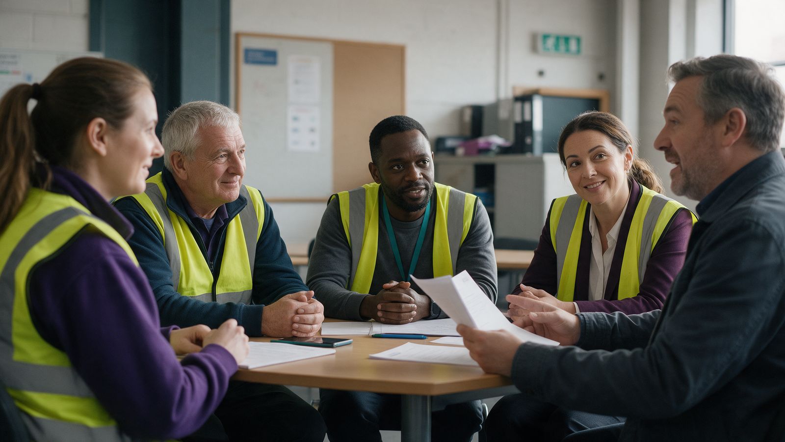 A union representative meeting a group of workers
